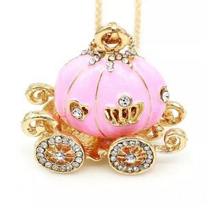 Pink Enamel 3D Crystal Pumpkin Carriage Pendant Necklace NWOT